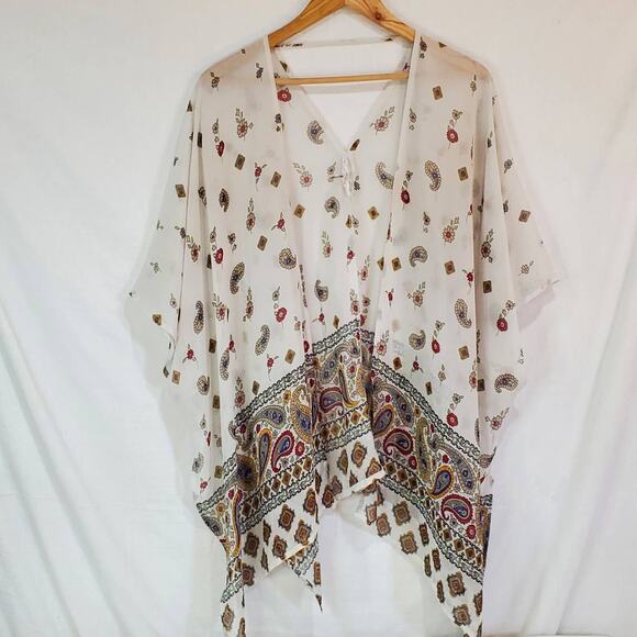 Sheer White Light Gray Cape Paisley Print Batwing Swim Cover Up Cardigan M/L - Picture 1 of 4